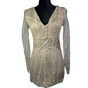 Gold Sequin Mesh V-Neck Long Sleeve Mini Dress Women XL Party Cocktail Champagne